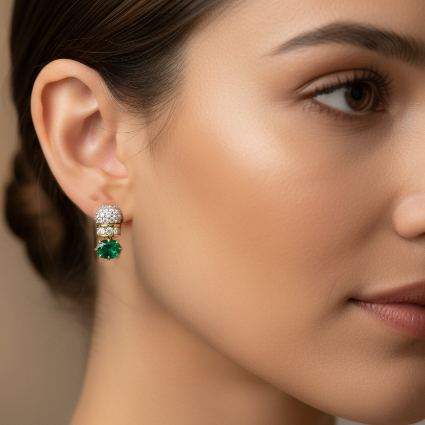 Diamond & Green Gemstone Stud Earrings in Yellow Gold-Saleh Sallom