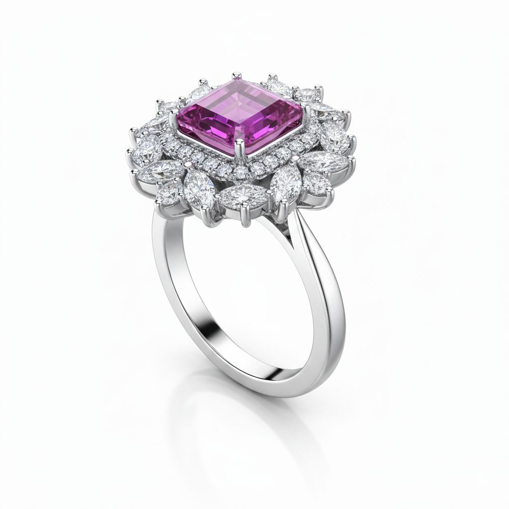 Pink Sapphire & Diamond Floral Halo Ring in 18K White Gold-Saleh Sallom