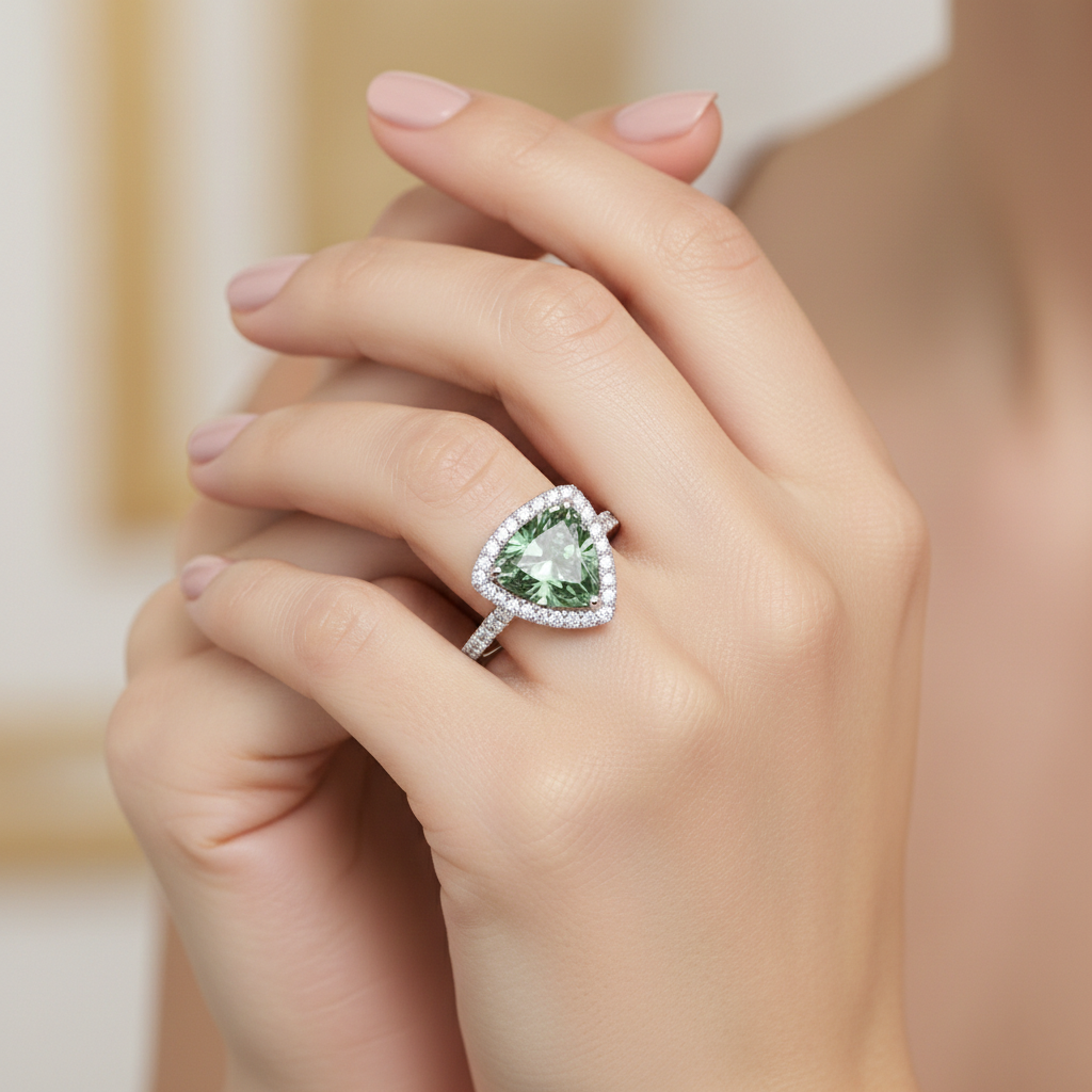 Trillion-Cut Green Diamond Ring with Halo | 3.56 Carat | VS1 | White Gold | Saleh Sallom-Saleh Sallom
