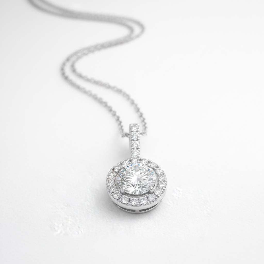 Round Lab-Created Diamond Halo Pendant Necklace in 14K White Gold-Saleh Sallom