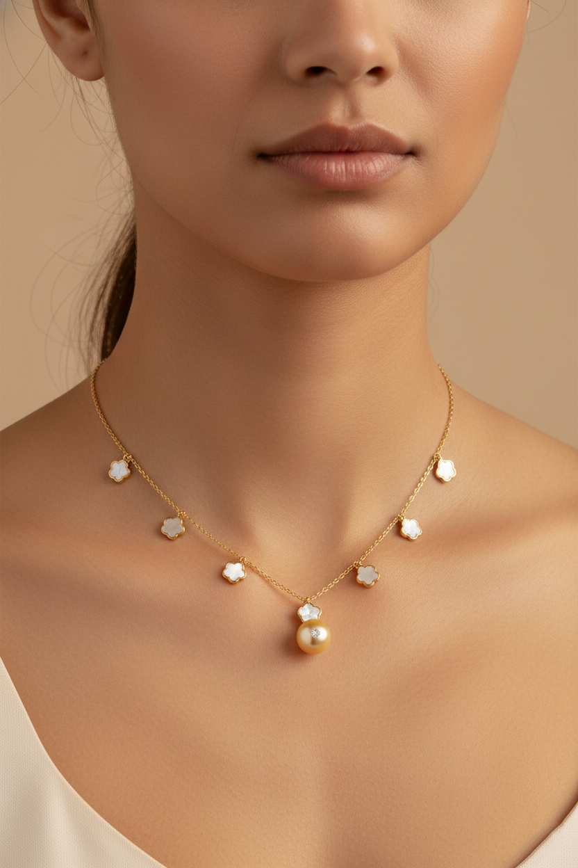 Diamond & Pearl Clover Necklace in 18K Yellow Gold