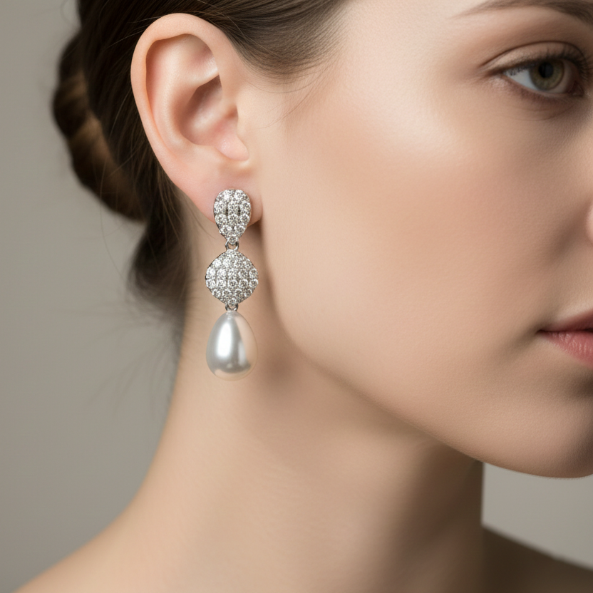 Diamond Drop Earrings with Pearls in White Gold-Saleh Sallom