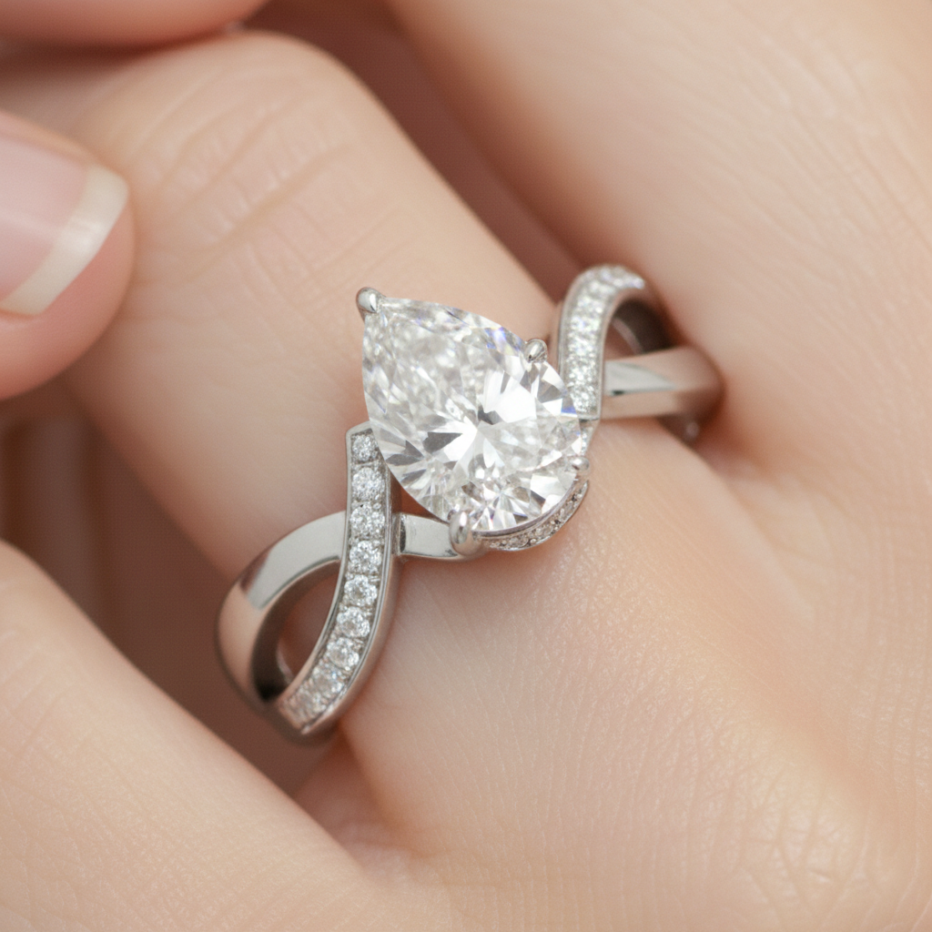 Pear-Shaped Lab-Created Diamond Twist Ring in 14K White Gold-Saleh Sallom