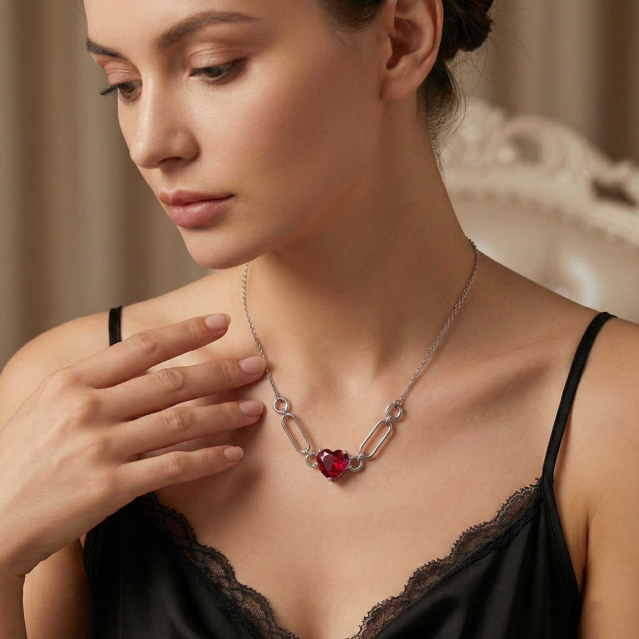 Red Heart Gemstone Necklace in White Gold | 3.41 Carat | Modern Link Design | Saleh Sallom-Saleh Sallom