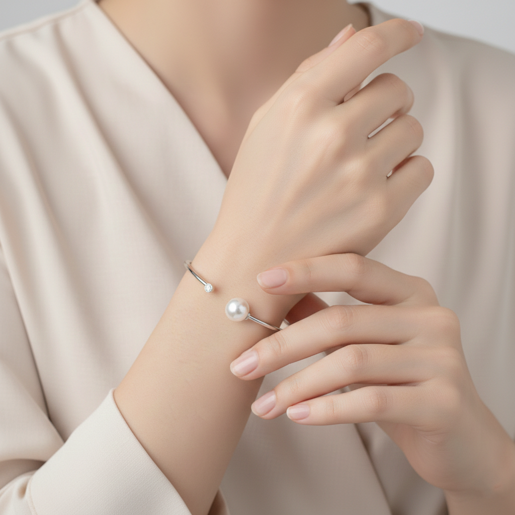 Open Pearl & Diamond Bangle Bracelet in White Gold-Saleh Sallom