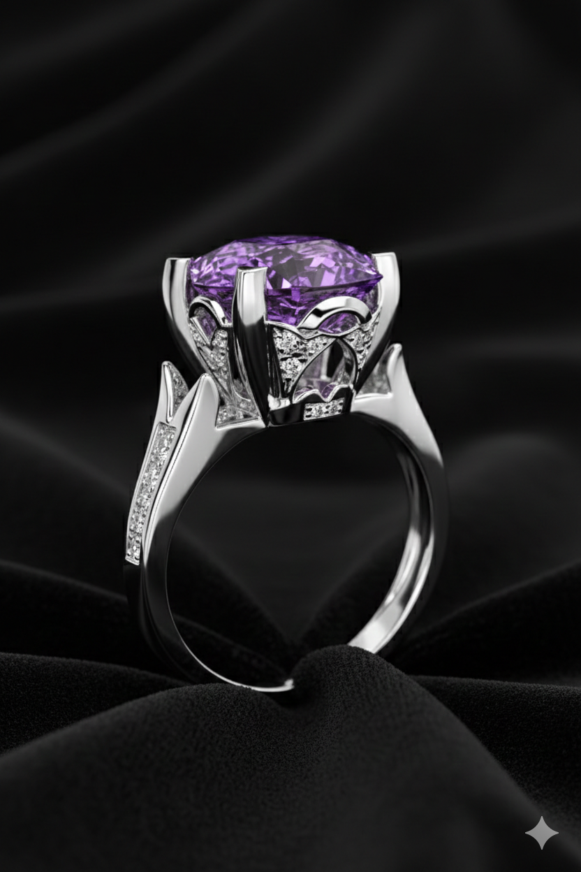4.23 Carat Natural Fancy-Cut Amethyst & Diamond Ring in 18K White Gold | IGI Certified | Saleh Sallom