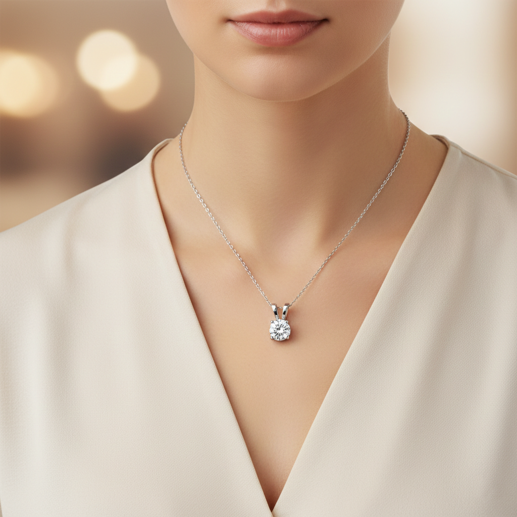 Round Lab-Created Diamond Solitaire Necklace in 14K White Gold-Saleh Sallom