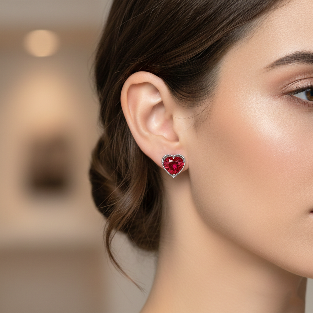 Red Heart Gemstone Stud Earrings in White Gold | Romantic Classic | Saleh Sallom-Saleh Sallom