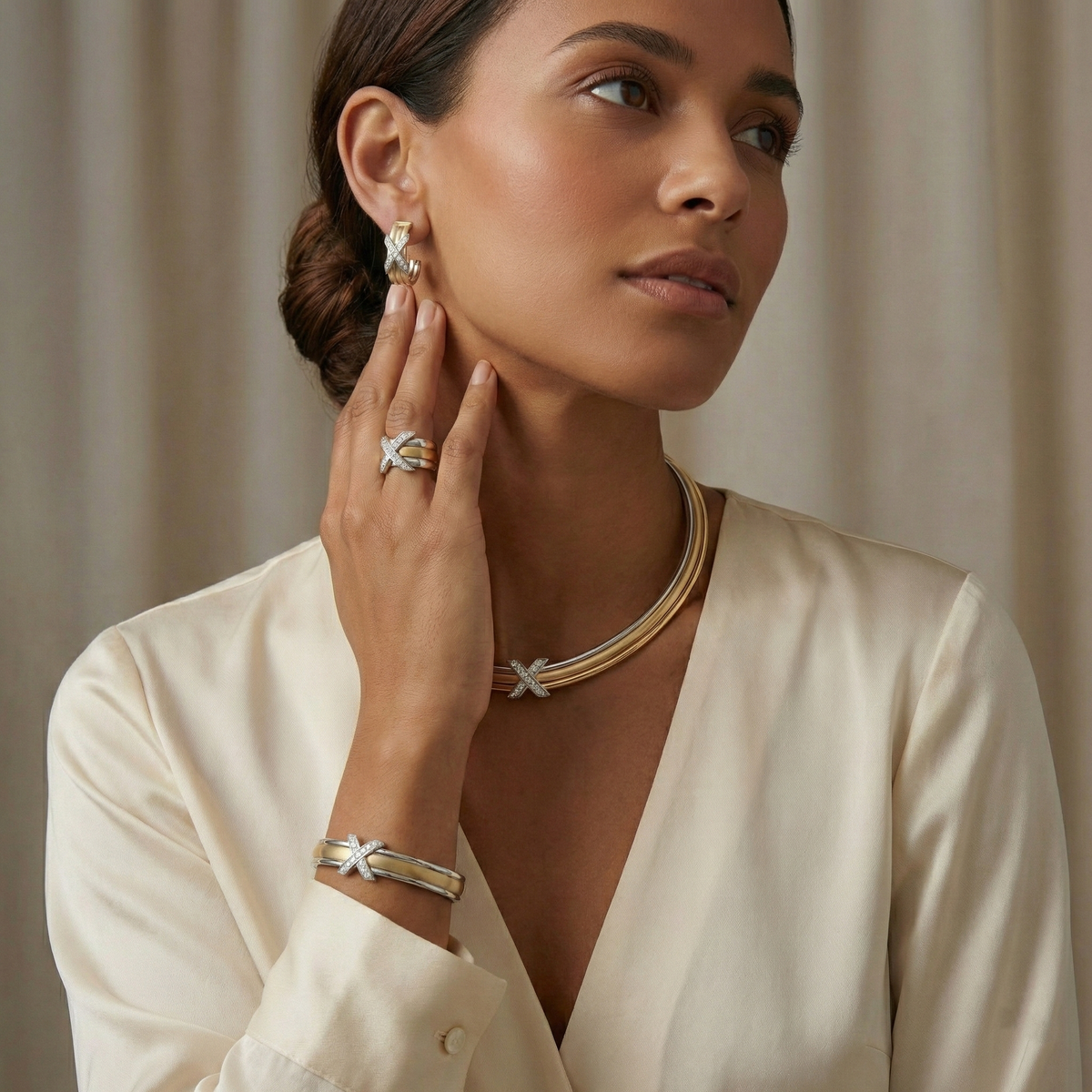 Natural Diamond “X” Set | 0.60 Ct Diamonds | Two-Tone Gold | Necklace, Bangle & Earrings | Saleh Sallom-Saleh Sallom