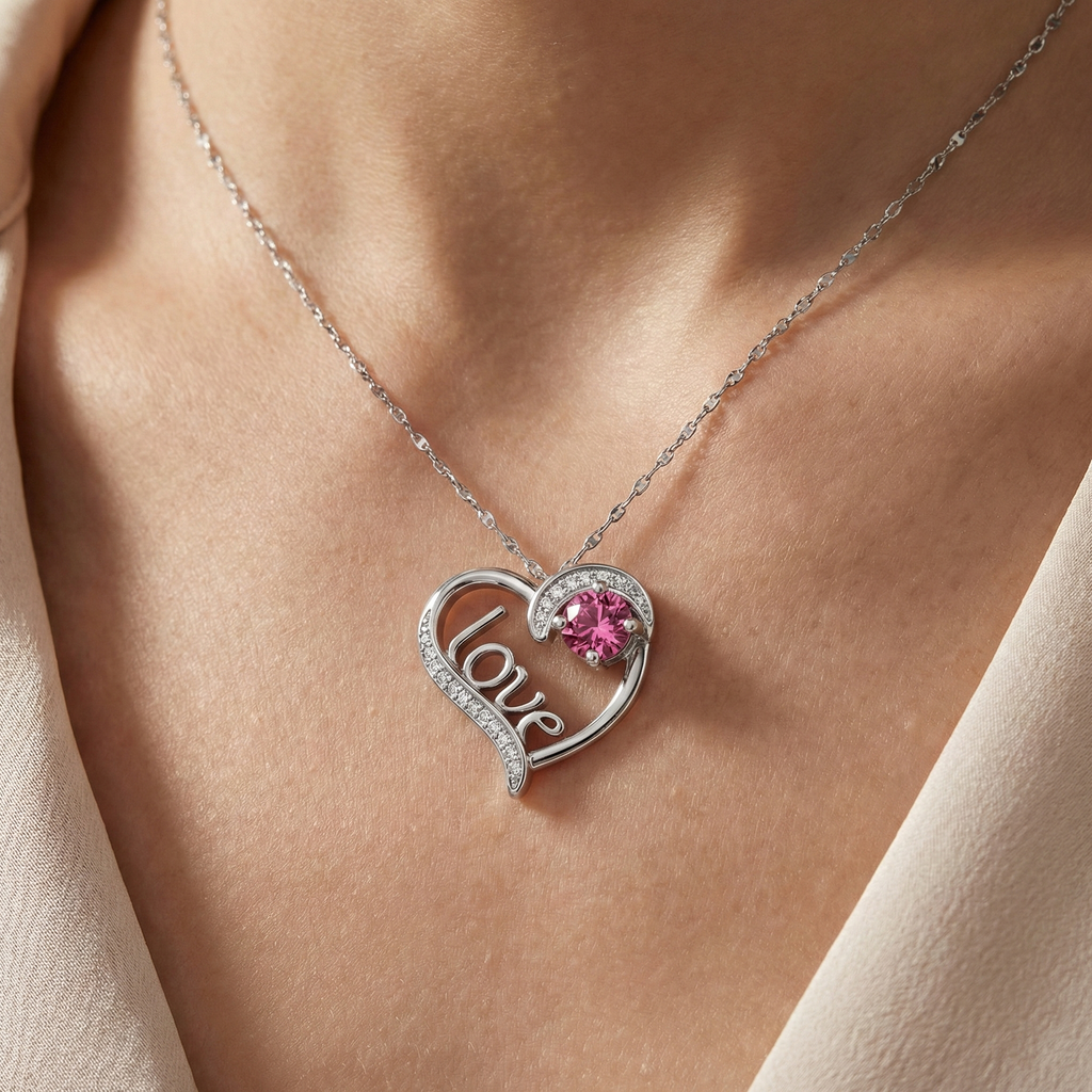 Pink Gemstone & Diamond “Love” Heart Necklace in White Gold | 3.42 Carat | Saleh Sallom-Saleh Sallom