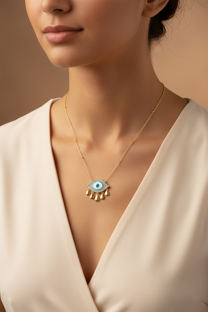 Evil Eye Charm Necklace Yellow Gold with Multicolor Stone Accents-Saleh Sallom