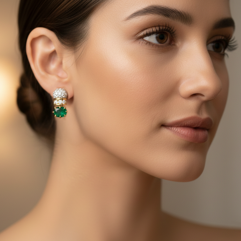 Diamond & Green Gemstone Stud Earrings in Yellow Gold-Saleh Sallom