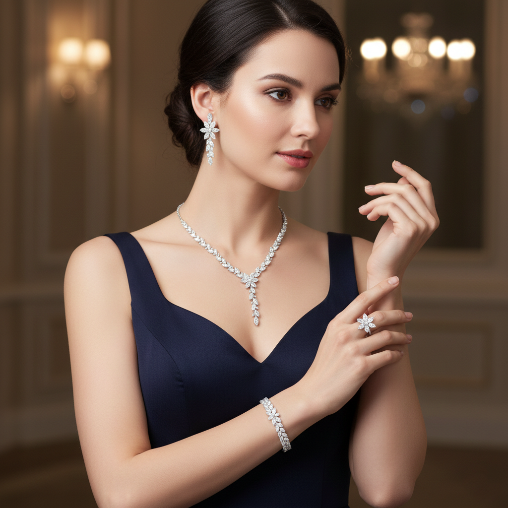 Floral American Diamond Jewelry Set in Rhodium-Plated Sterling Silver-Saleh Sallom