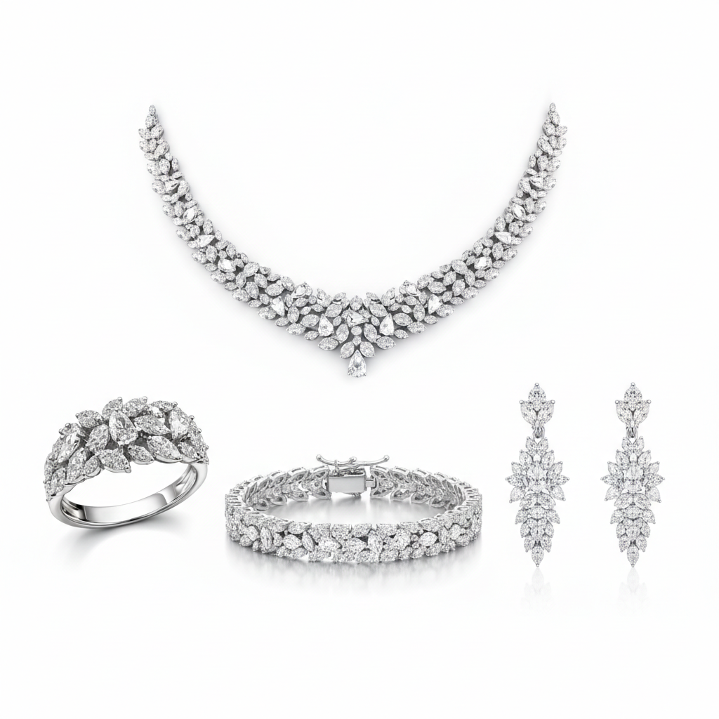 Leaf-Inspired American Diamond Jewelry Set in Rhodium-Plated Sterling Silver-Saleh Sallom