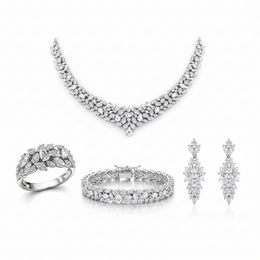 Leaf-Inspired American Diamond Jewelry Set in Rhodium-Plated Sterling Silver-Saleh Sallom