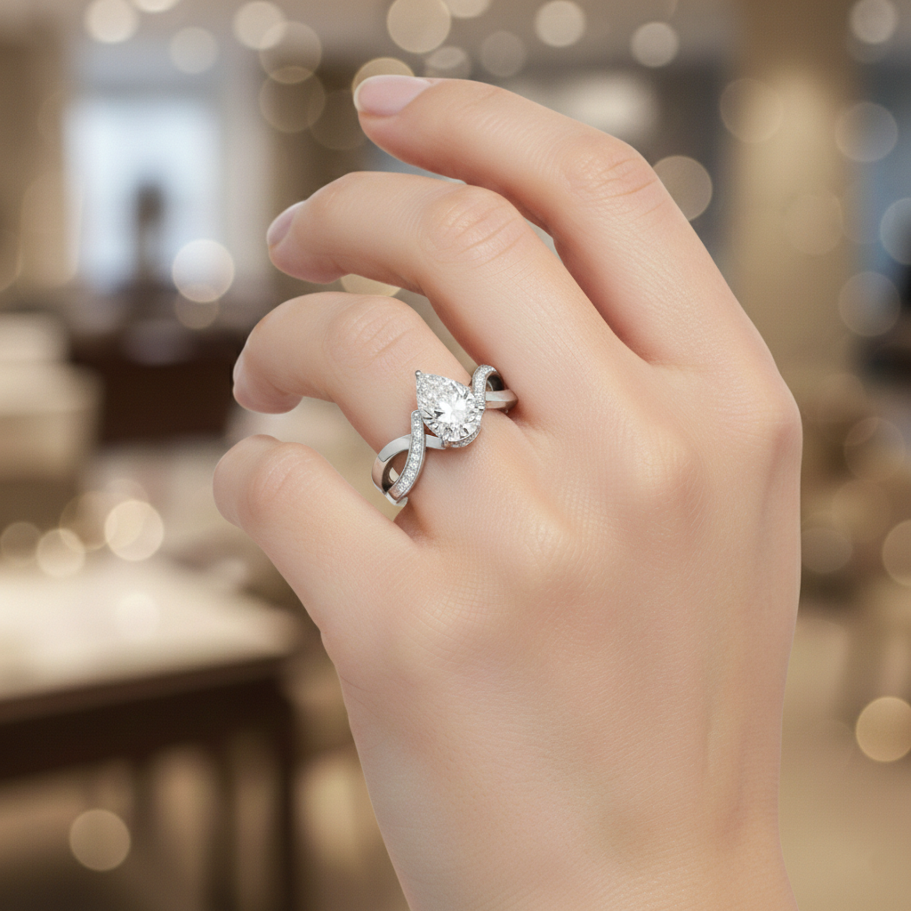 Pear-Shaped Lab-Created Diamond Twist Ring in 14K White Gold-Saleh Sallom