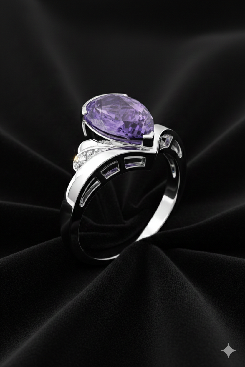 3.20 Carat Natural Amethyst & Diamond Ring in 14K White Gold | IGI Certified | Saleh Sallom