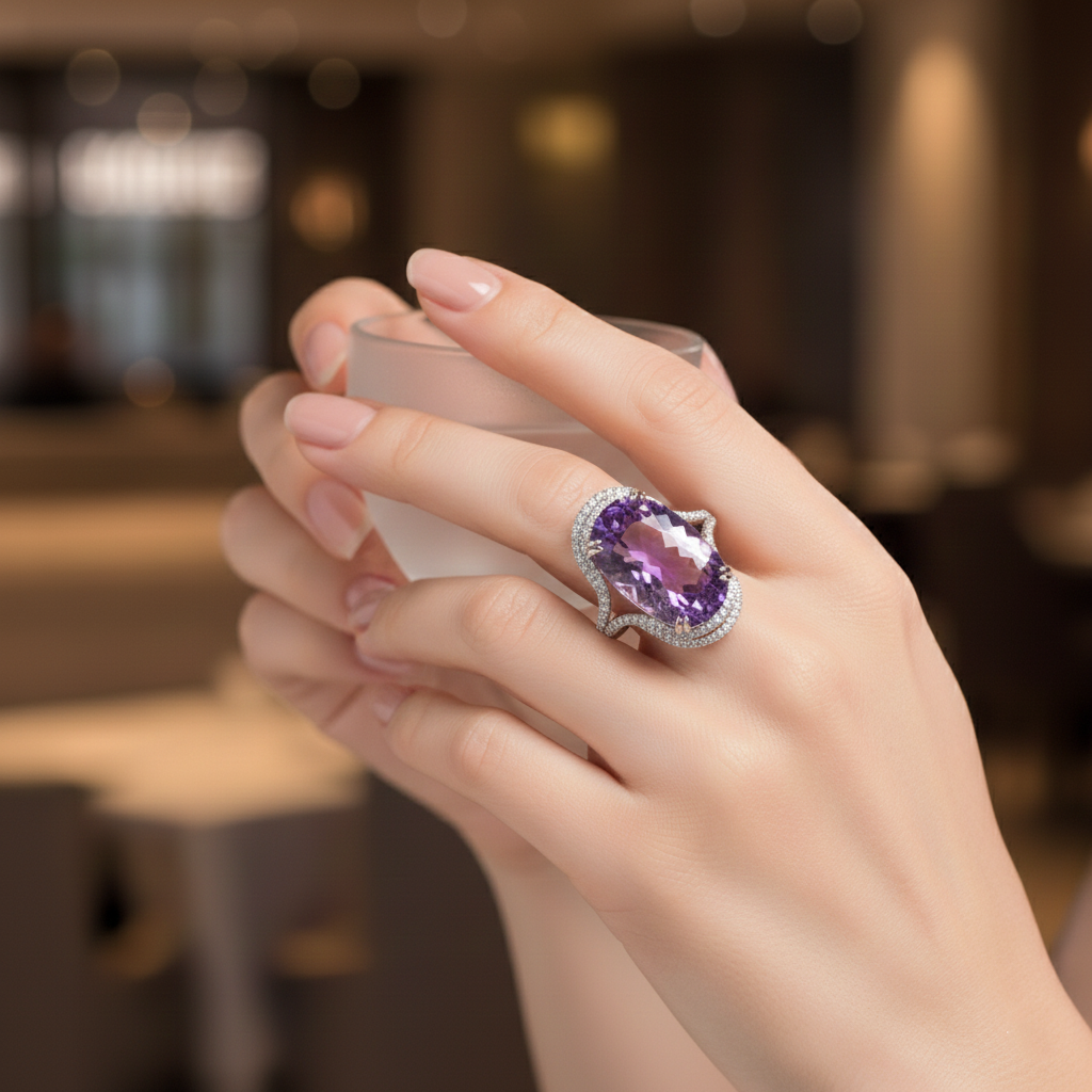 Purple Cushion Gemstone Ring with Diamond Halo-Saleh Sallom