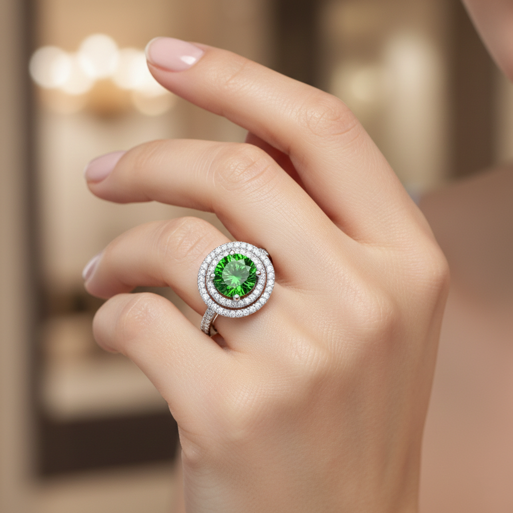 Lab-Created Green Diamond & Diamond Halo Ring in 14K White Gold Secondary image