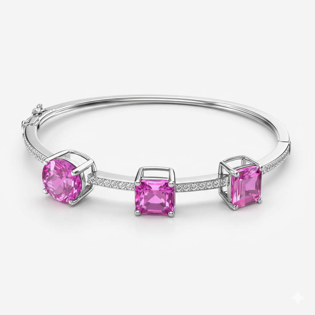18K White Gold Bangle with Laboratory-Grown Pink Sapphires & Diamonds-Saleh Sallom