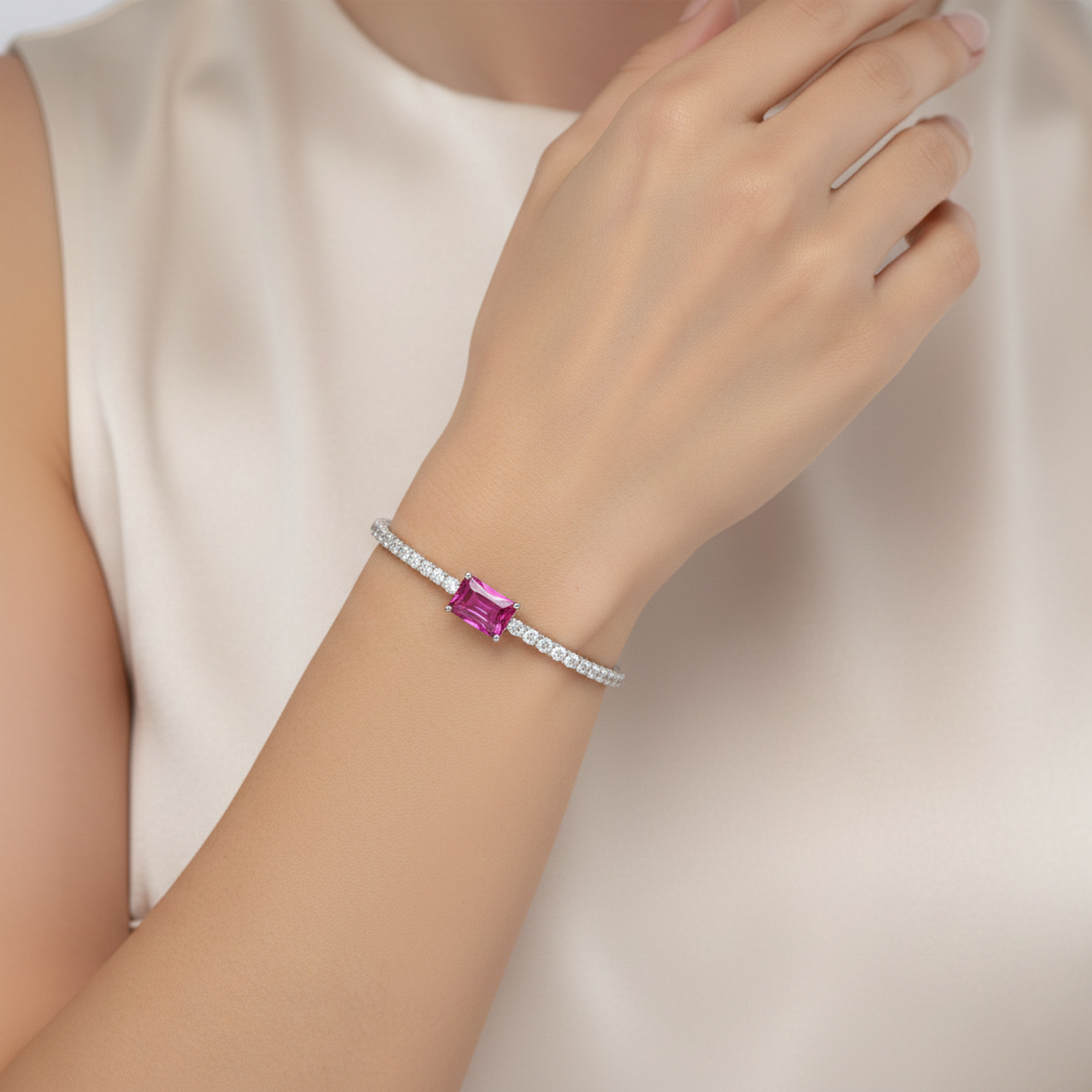 Pink Sapphire & Diamond Tennis Bracelet in 18K White Gold-Saleh Sallom