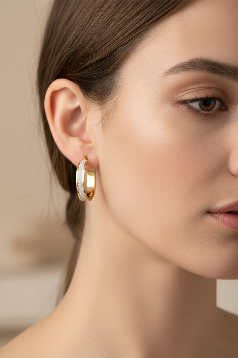 Gold Hoop Earrings with Diamond-Dust Center Inlay-Saleh Sallom