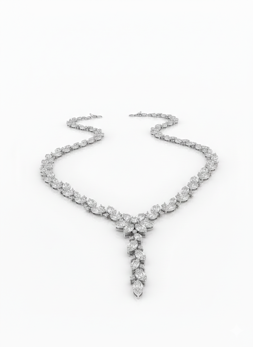 Floral American Diamond Jewelry Set in Rhodium-Plated Sterling Silver-Saleh Sallom