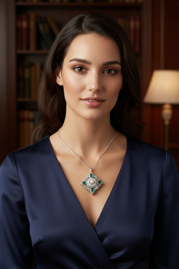 18K White Gold with Natural Emeralds, Diamonds & Pearl-Saleh Sallom