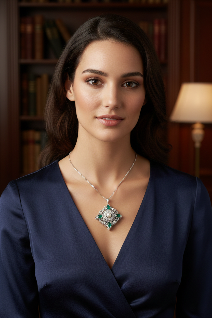 18K White Gold with Natural Emeralds, Diamonds & Pearl-Saleh Sallom