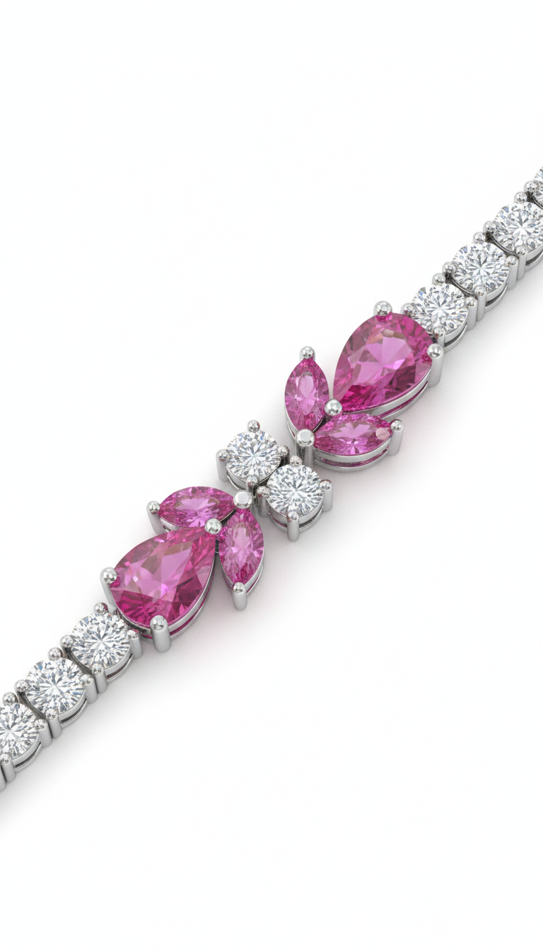 Pink Pear-Cut American Diamond Tennis Bracelet in Rhodium-Plated Sterling Silver-Saleh Sallom