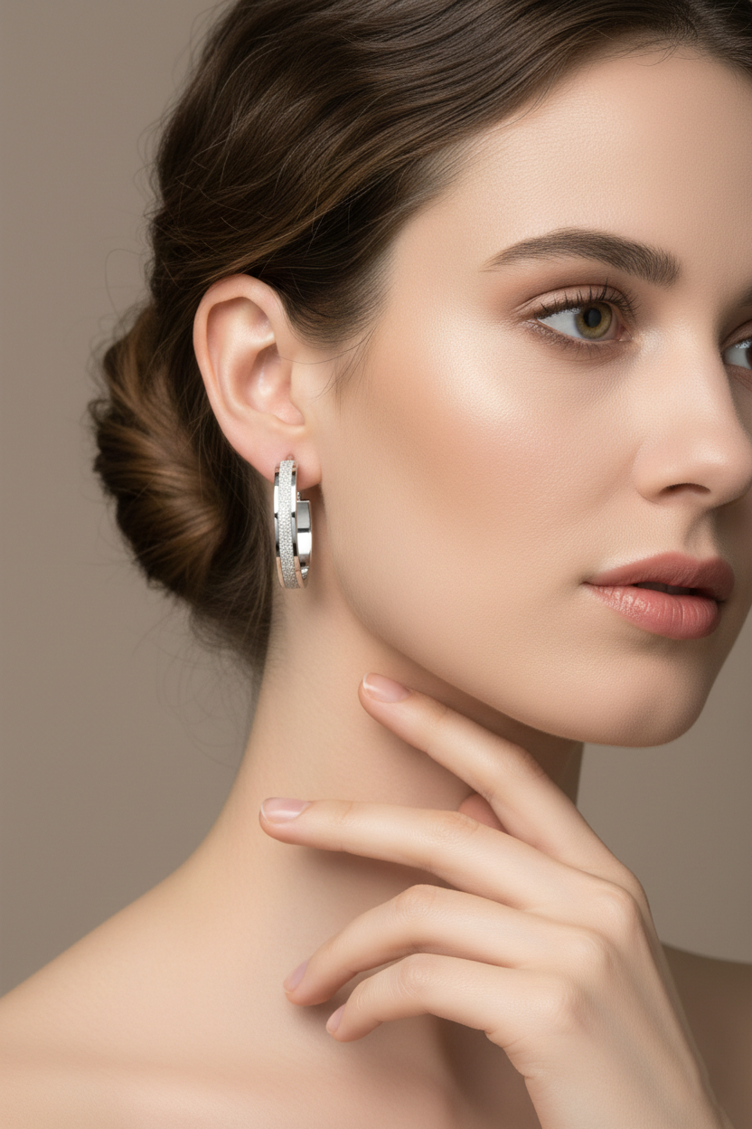 Rhodium-Plated Sterling Silver Hoop Earrings with Diamond-Dust Texture-Saleh Sallom