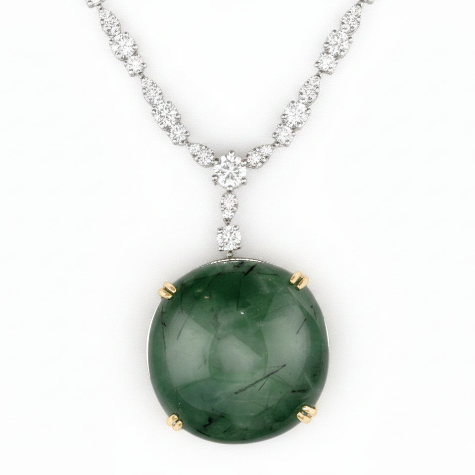 Natural Green Quartz & Diamond Statement Necklace | 48.53 CT Green Quartz | 4.20 CT Natural Diamonds | IGI Certified | 18K White Gold