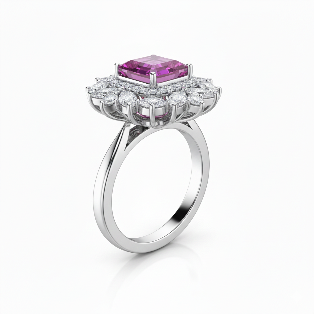 Pink Sapphire & Diamond Floral Halo Ring in 18K White Gold-Saleh Sallom