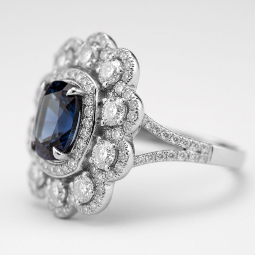 White Gold Diamond Halo Ring with Deep Blue Center Stone – IGI Certified-Saleh Sallom