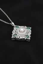 18K White Gold with Natural Emeralds, Diamonds & Pearl-Saleh Sallom