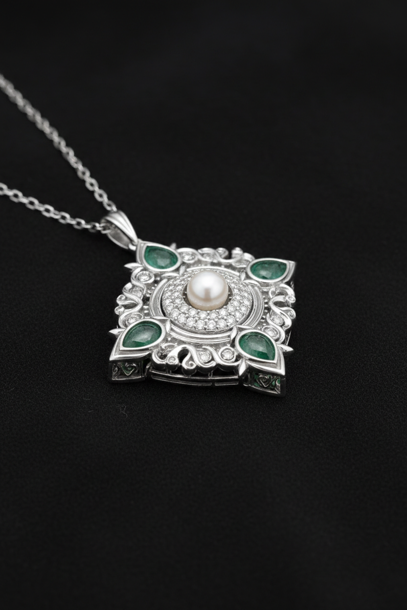 18K White Gold with Natural Emeralds, Diamonds & Pearl-Saleh Sallom