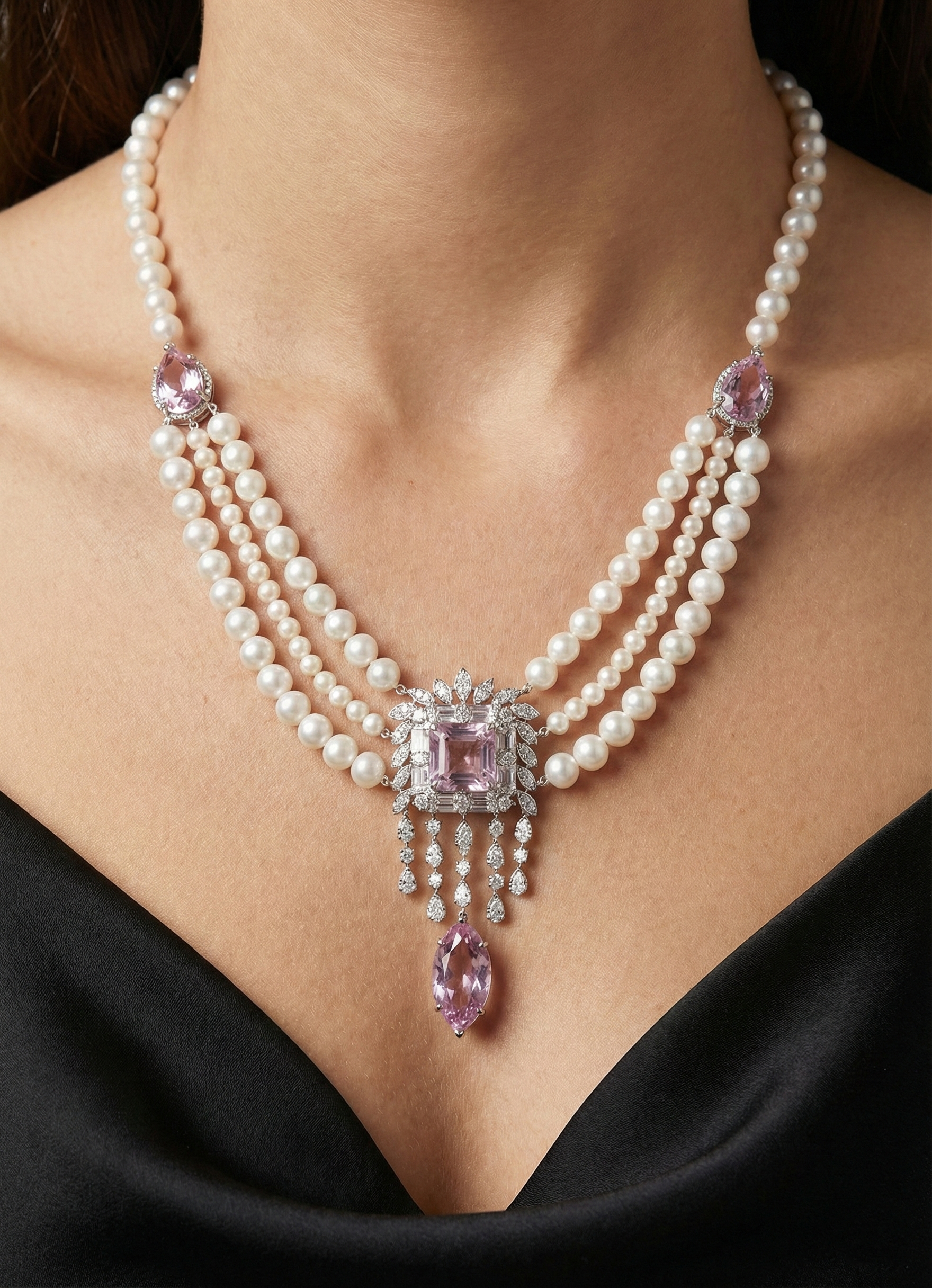 2.97 Carat Amethyst & Diamond Pearl Necklace in White Gold | Luxury Statement Piece | Saleh Sallom-Saleh Sallom