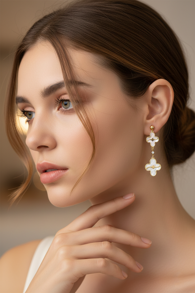 Mother of Pearl & Diamond Drop Earrings in 18K Yellow Gold Secondary image