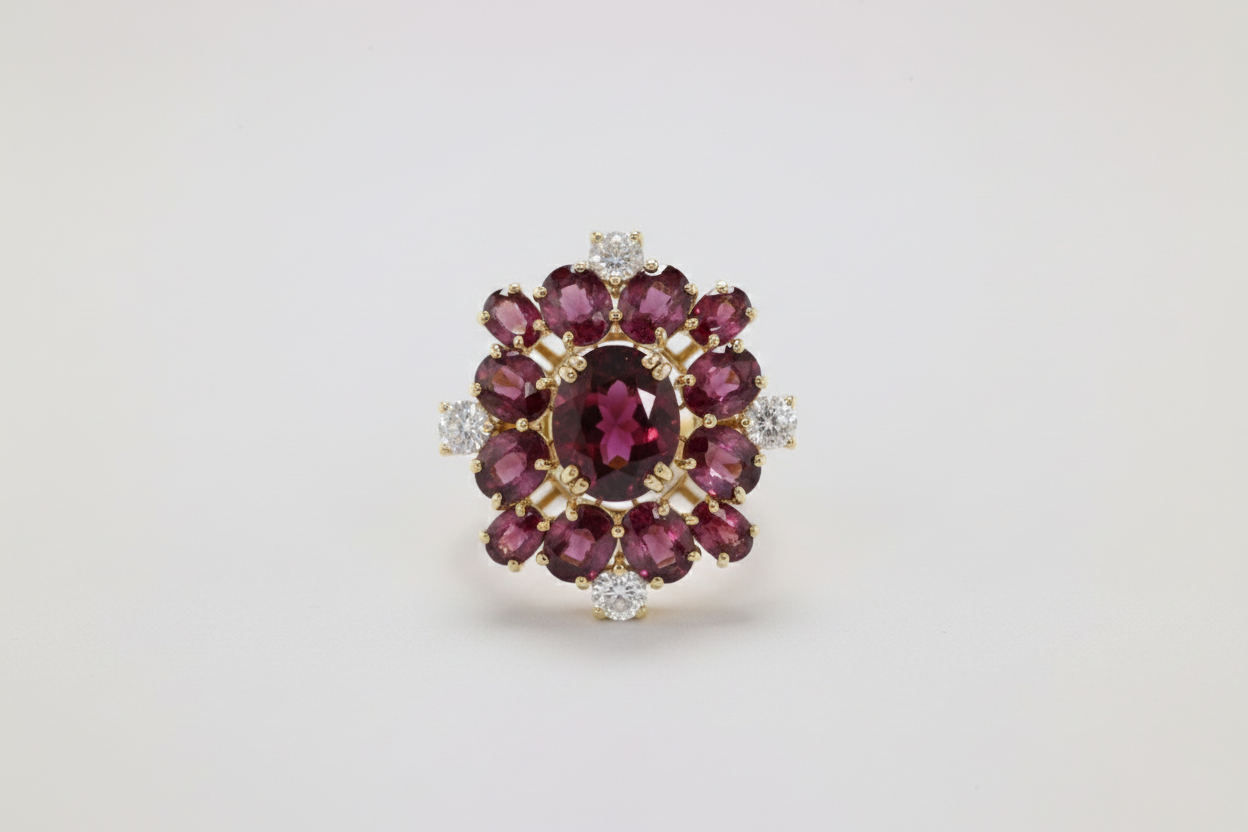 Imperial Crimson Bloom Ring – 18K White Gold Garnet & Diamond Statement Ring-Saleh Sallom