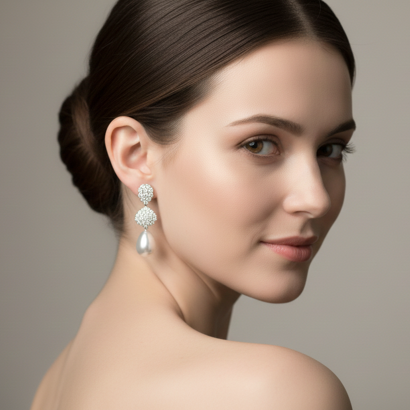 Diamond Drop Earrings with Pearls in White Gold-Saleh Sallom