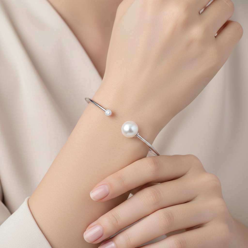 Open Pearl & Diamond Bangle Bracelet in White Gold-Saleh Sallom
