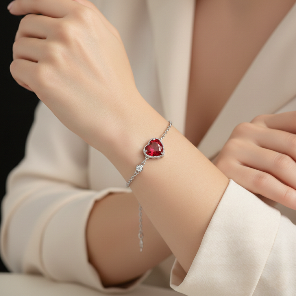 Red Heart Gemstone Bracelet in White Gold | Romantic Chain Design | Saleh Sallom-Saleh Sallom
