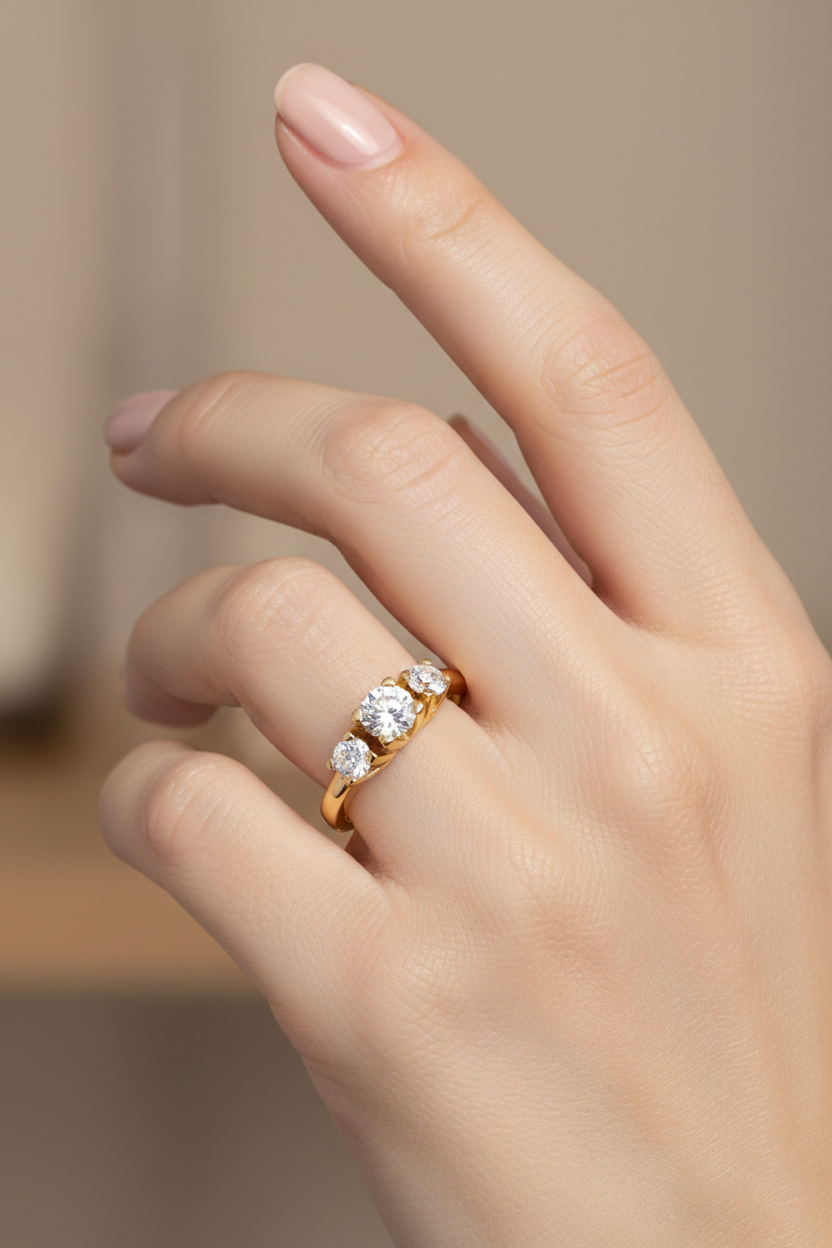 American Diamond Three-Stone Ring in Yellow Gold Finish Secondary image