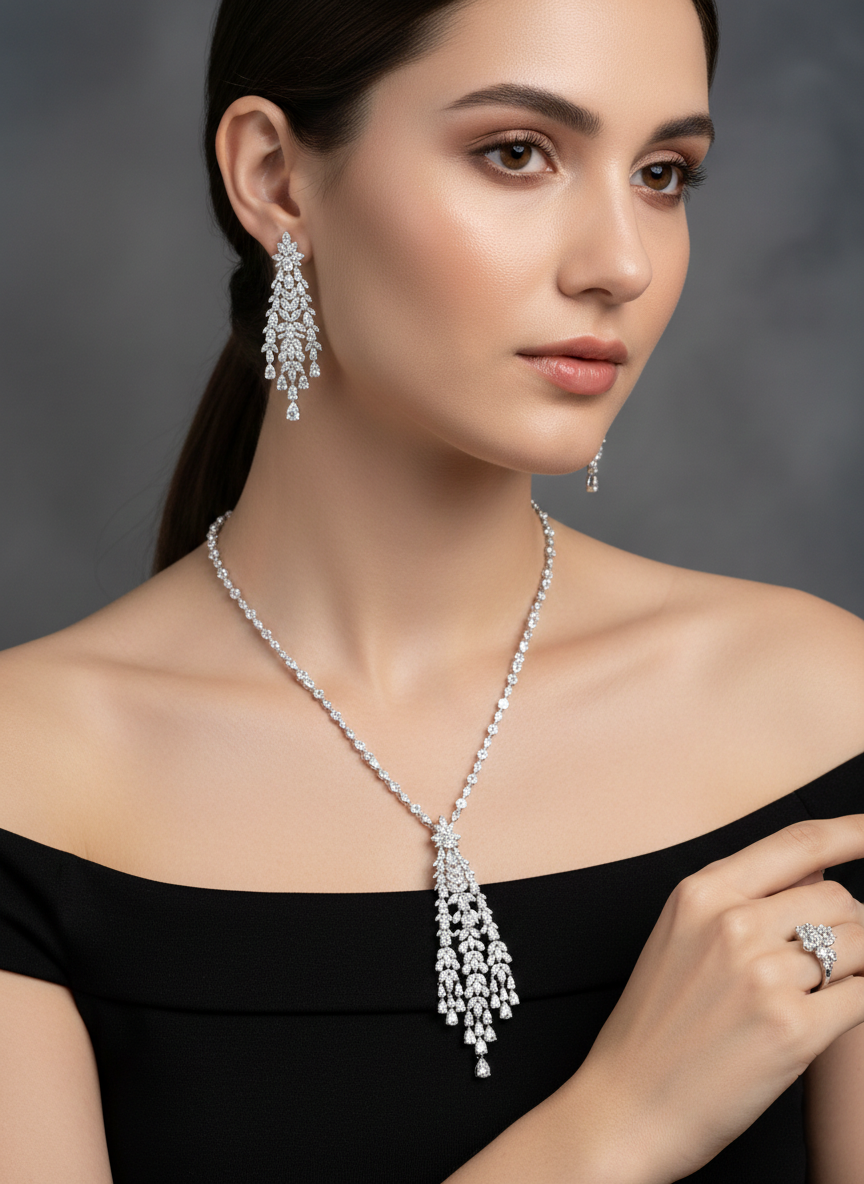 Floral Cascade American Diamond Jewelry Set Rhodium-Plated Sterling Silver-Saleh Sallom