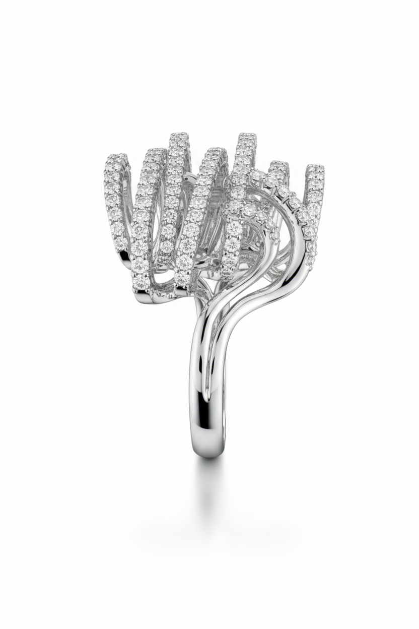 American Diamond Multi-Row Wave Ring in Rhodium-Plated Sterling Silver-Saleh Sallom
