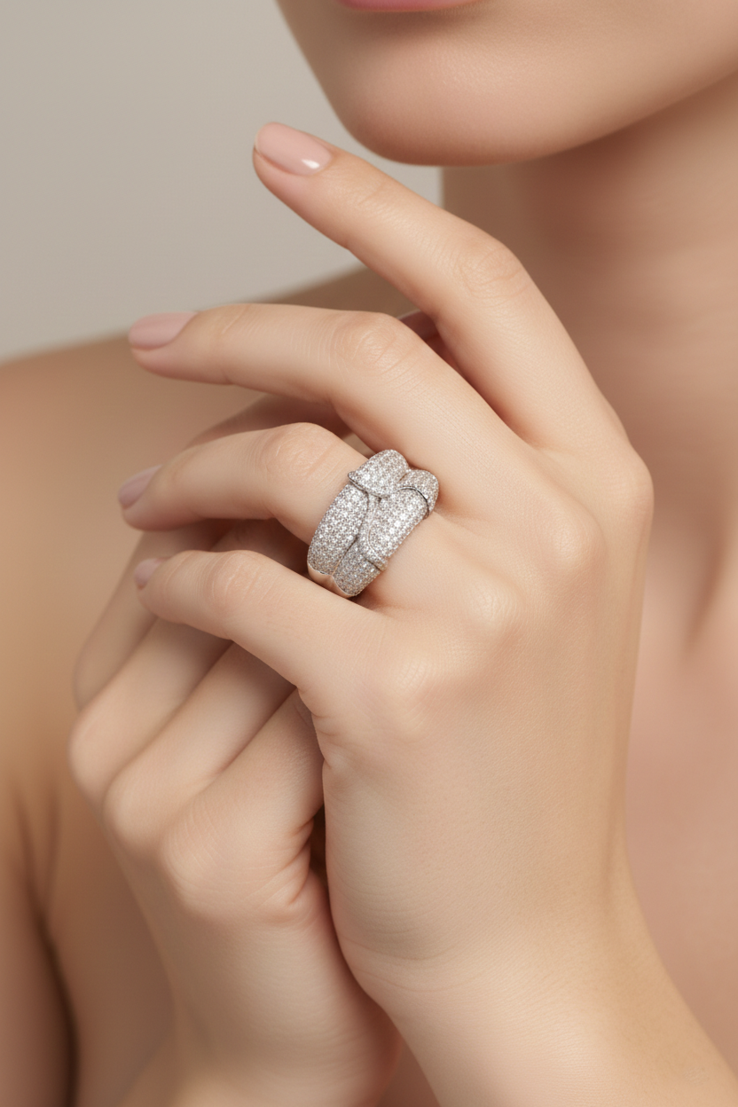 American Diamond Pavé Wide Ring in Rhodium-Plated Sterling Silver-Saleh Sallom