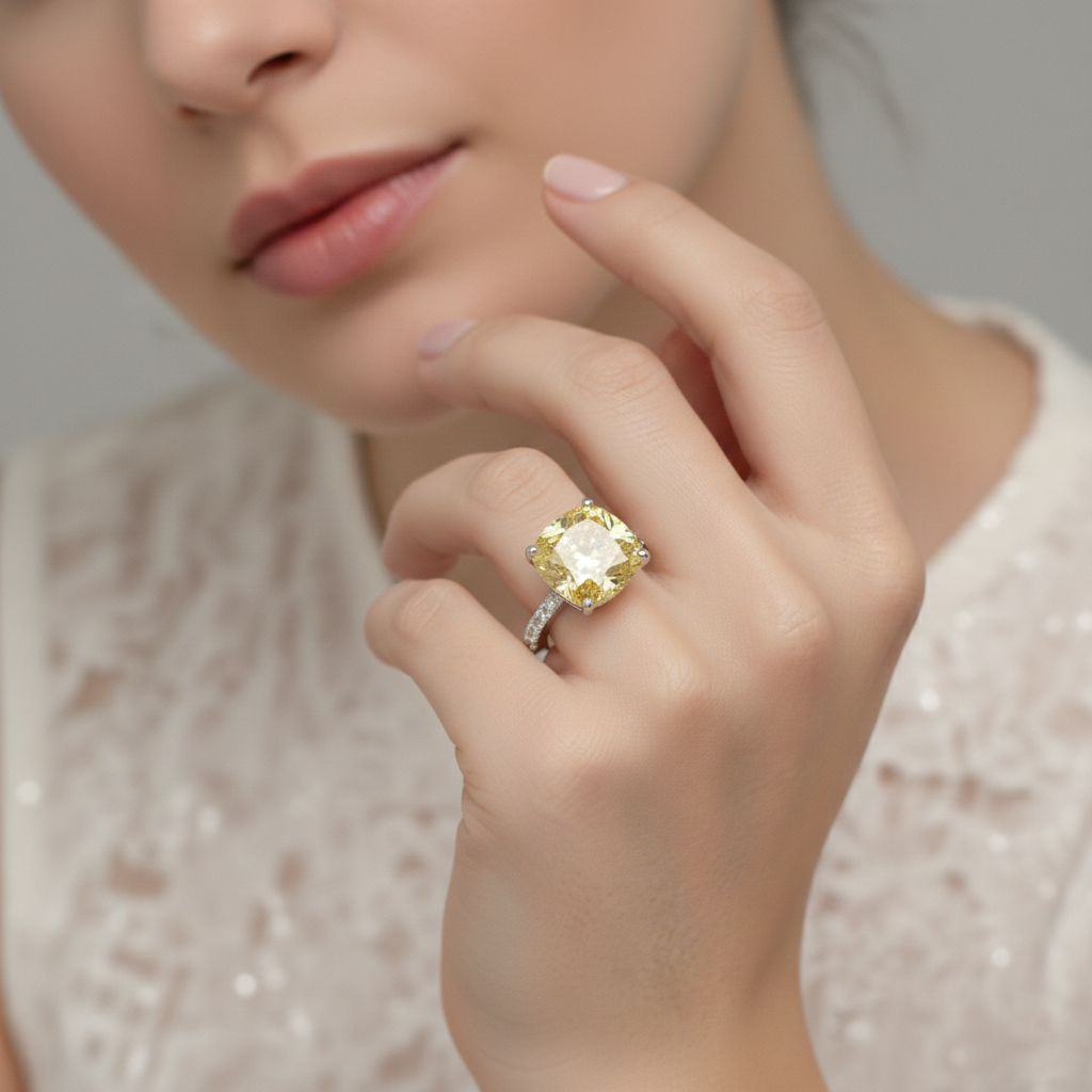 6.44 Carat Cushion-Cut Yellow Lab Sapphire Ring with Diamond Accents in 18K White Gold | Saleh Sallom-Saleh Sallom