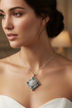 18K White Gold with Natural Emeralds, Diamonds & Pearl-Saleh Sallom