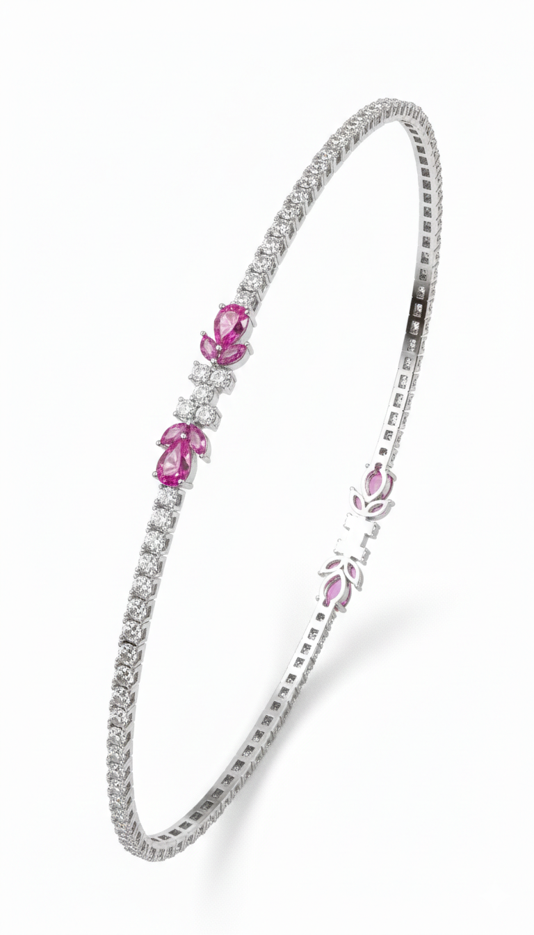 Pink Pear-Cut American Diamond Tennis Bracelet in Rhodium-Plated Sterling Silver-Saleh Sallom Main image