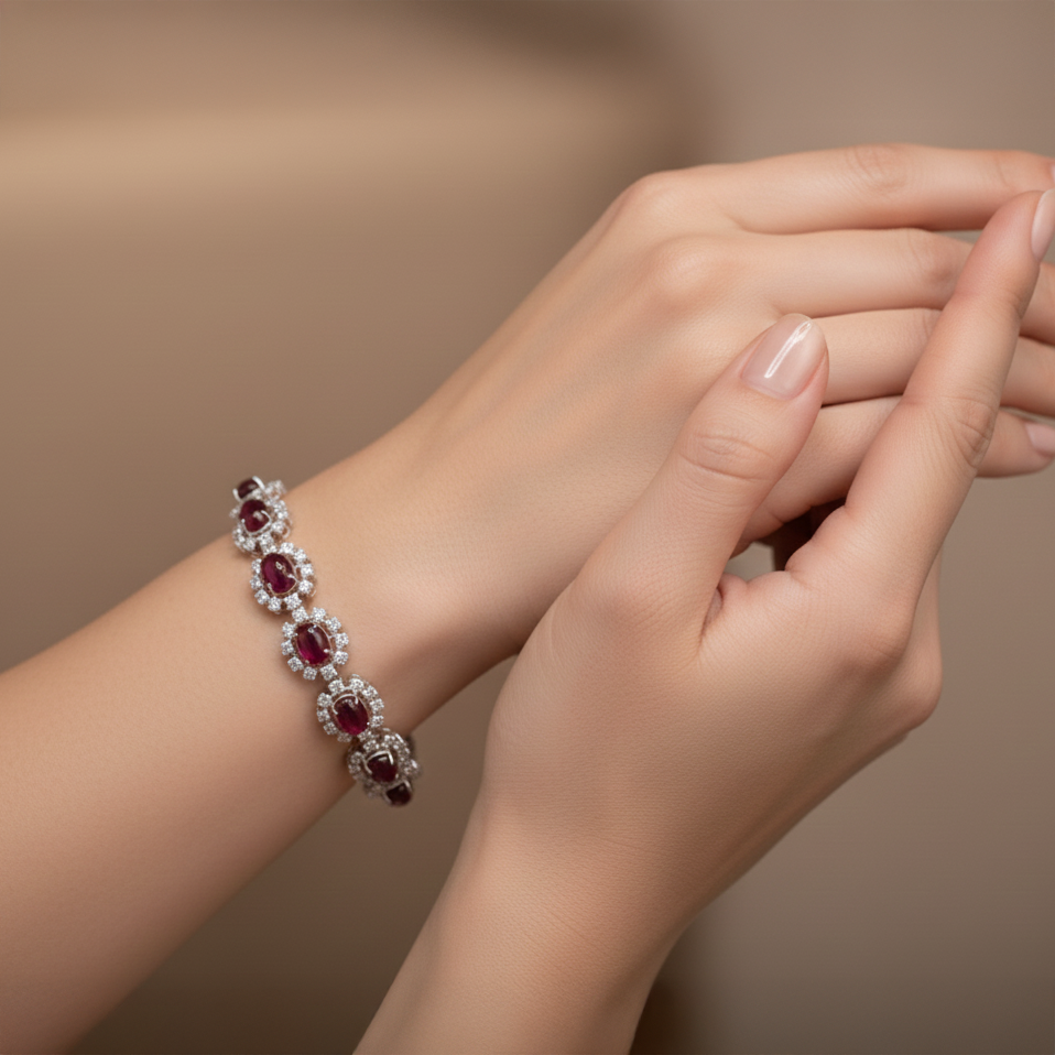 Oval Ruby & 4.00 CT Diamond Halo Bracelet in White Gold-Saleh Sallom